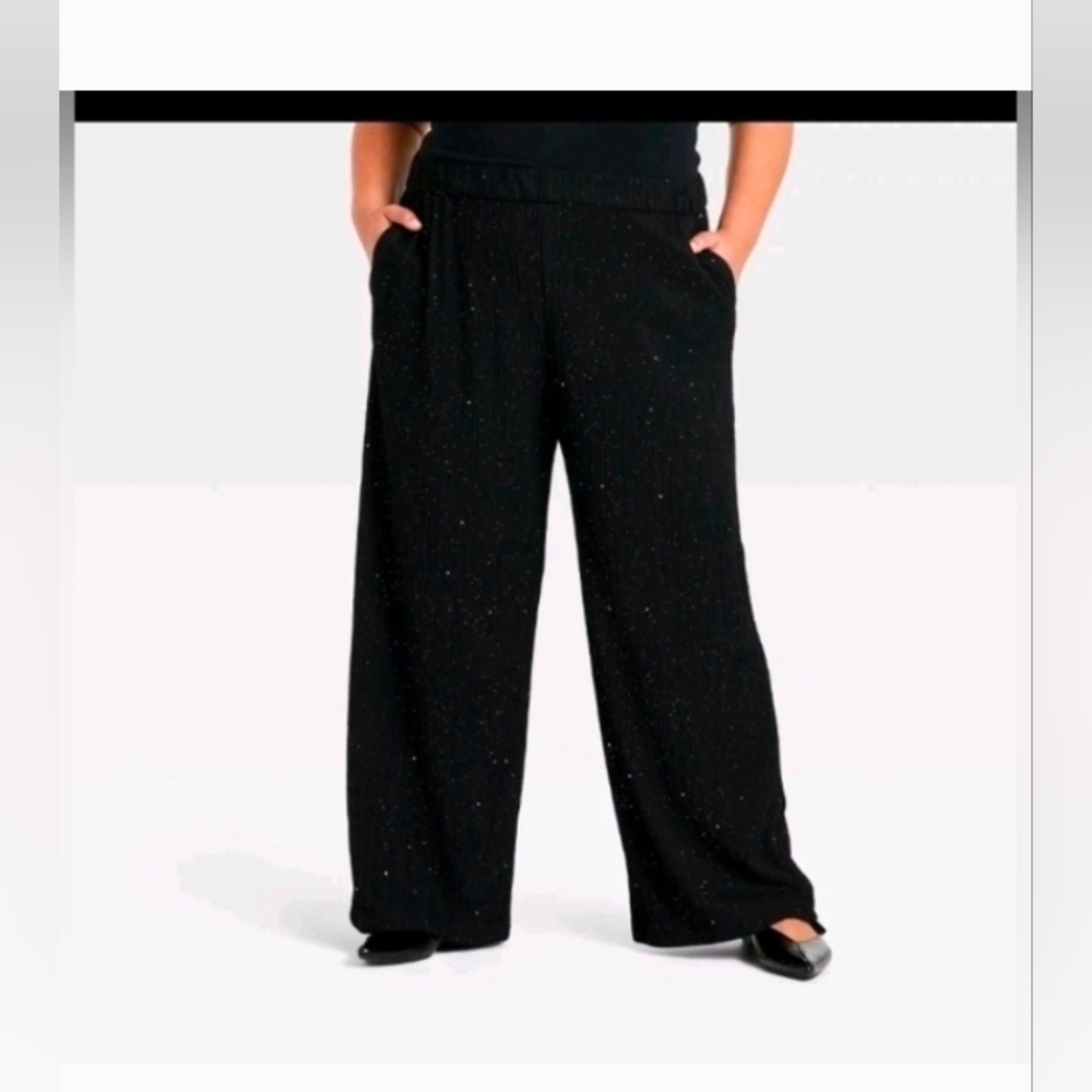 Ava & Viv Women's High-Rise Sparkle Wide Leg Pull-On Pants Black